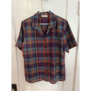 Cape Cod Sportswear Madras Plaid Button Up Shirt Women's Size 14 Short Sleeve